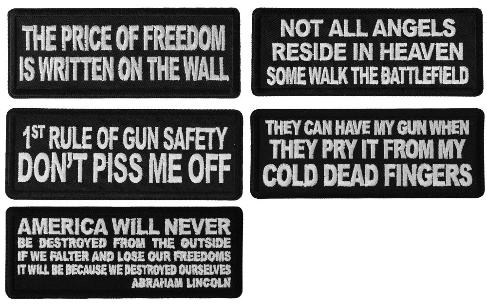 Freedom and Guns Patriotic Warfare Sayings in White over Black Twill Iron-on or Sew-On Embroidered Patches Set of 5