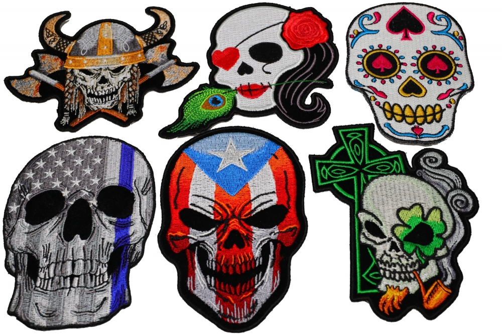 Set of 6 Colorful Embroidered Iron on Skull Patches