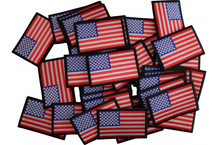 American Flag Patch Embroidered 3x2 inches with Black Borders 50 Pack shown on jeans