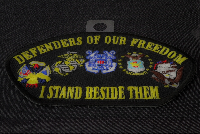Cap Defenders Of Our Freedom I Stand Beside Them Patriotic Iron on Patch diagonal view
