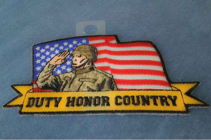 Duty Honor Country Patch Soldier Saluting with American Flag diagonal view