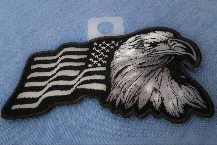 Silver Eagle US Flag Facing Right Patriotic Iron on Patch diagonal view