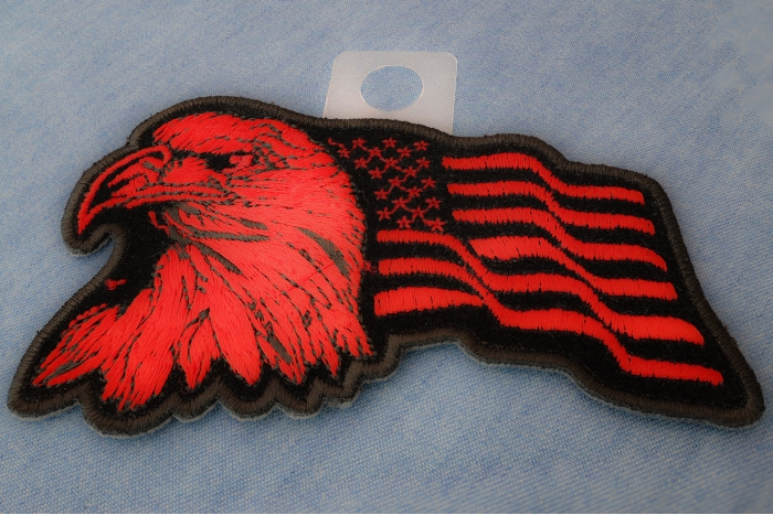 Eagle US Flag Facing Left Patriotic Iron on Patch In Red diagonal view