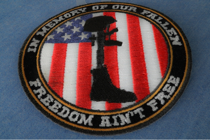 Freedom Ain't Free In Memory of Our Fallen Boot Rifle Helmet Patriotic Iron on Patch diagonal view