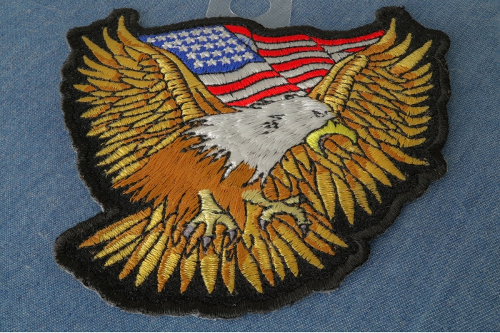 Gold Eagle Patriotic Iron on Patch With US Flag Small diagonal view