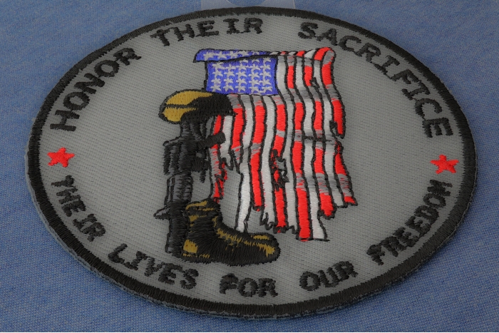 Honor Their Sacrifice Memorial Patriotic Iron on Patch diagonal view