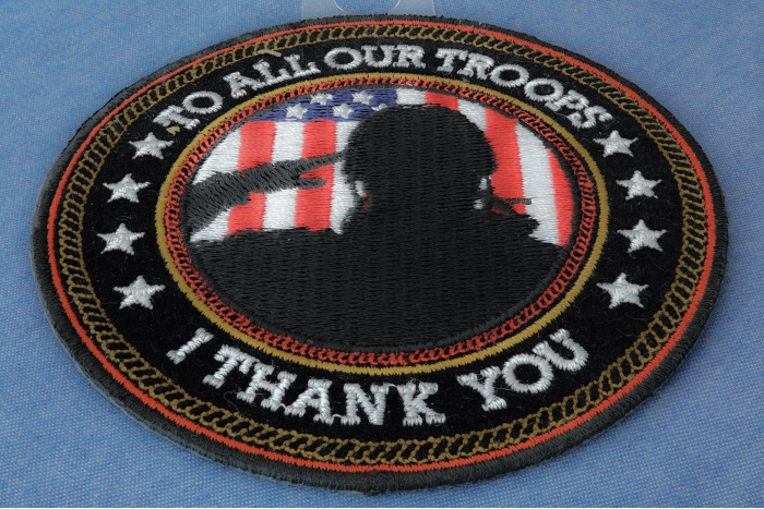 I Thank You To All Our Troops Patriotic Iron on Patch diagonal view