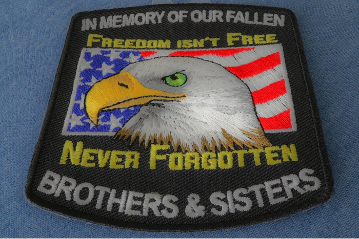 In Memory Of Our Fallen Military Brothers and Sisters Patriotic Iron on Patch diagonal view