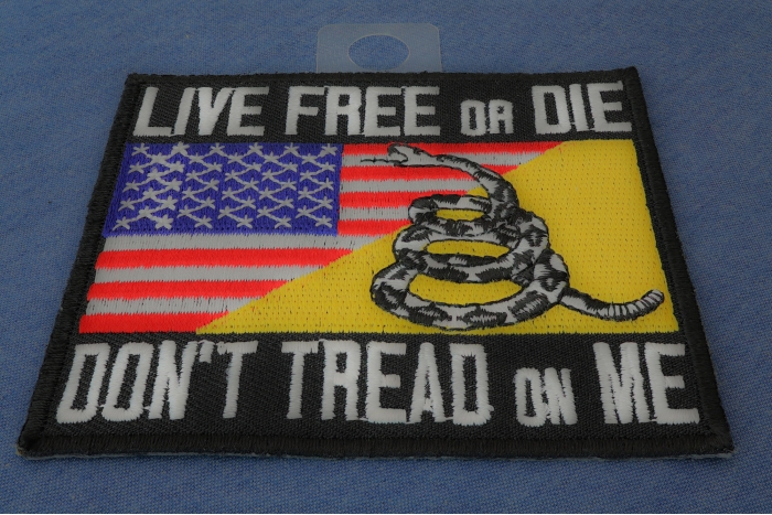 Live Free or Die Don't Tread On Me Gadsden American Flag Patriotic Iron on Patch diagonal view