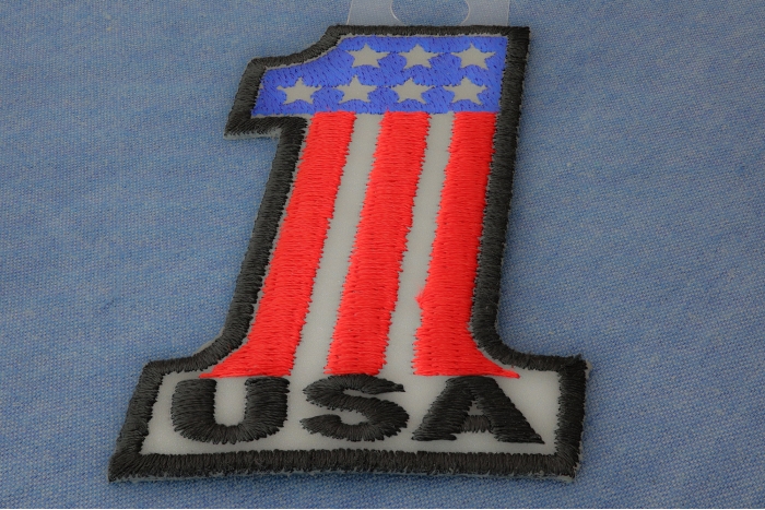Reflective No 1 USA Patriotic Iron on Patch diagonal view