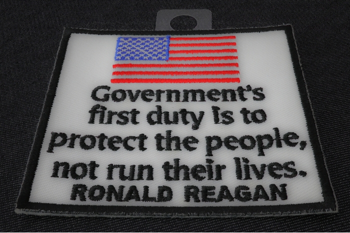 Government's First Duty is to Protect the People, Not Run Their Lives, Ronald Reagan Patriotic Iron on Patch diagonal view