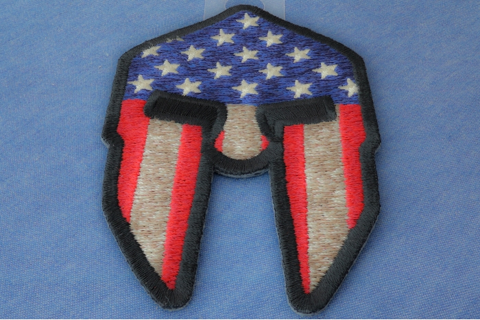Spartan Helmet US Flag Patriotic Iron on Patch diagonal view