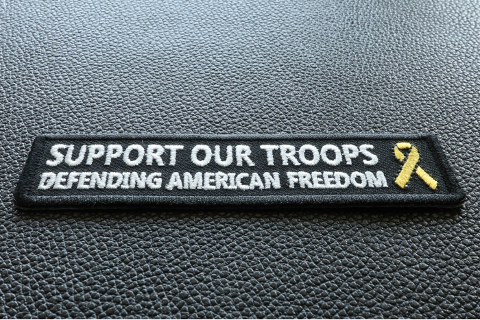 Support Our Troops Defending American Freedom Patriotic Iron on Patch diagonal view