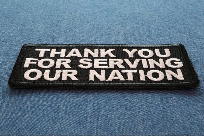 Thank You For Serving Our Nation Patriotic Iron on Patch diagonal view