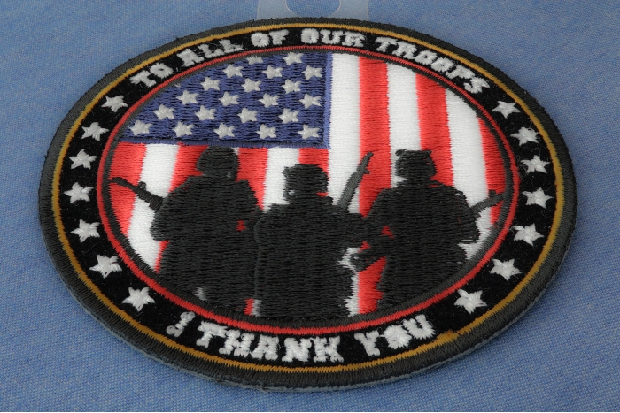To All Our Troops I Thank You Patriotic Iron on Patch Round diagonal view