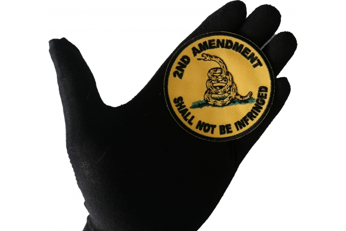 2nd Amendment Shall Not Be Infringed Round Patch shown on hand for size comparison