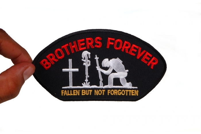 Brothers Forever Patriotic Iron on Patch shown on hand for size comparison