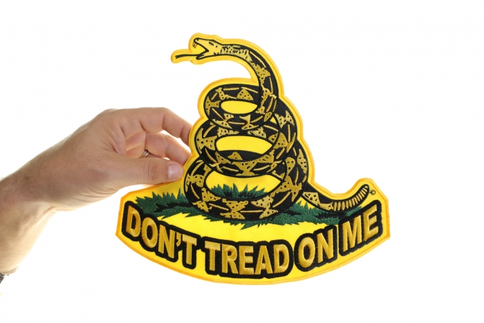 Don't Tread On Me Patch, Large Patriotic Patches shown on hand for size comparison