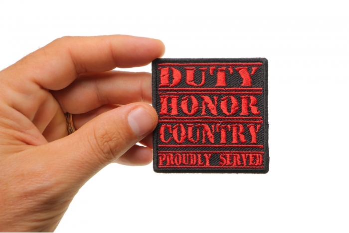 Duty Honor Country Proudly Served Patch, Patriotic Patches shown on hand for size comparison