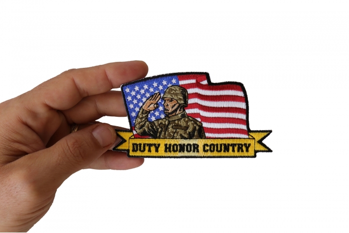 Duty Honor Country Patch, Small Embroidered Iron on Patches for Vets shown on hand for size comparison