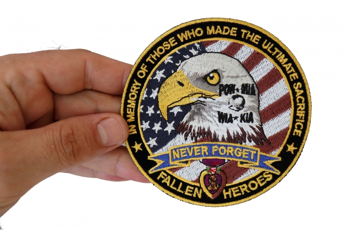 Fallen Heroes POW MIA WIA KIA Patch, Small Embroidered Iron on Patches shown on hand for size comparison