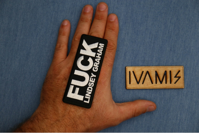 Fuck Lindsey Graham Patch shown on hand for size comparison