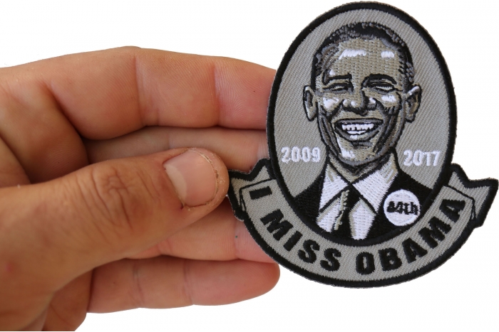 I Miss Obama Patriotic Iron on Patch shown on hand for size comparison
