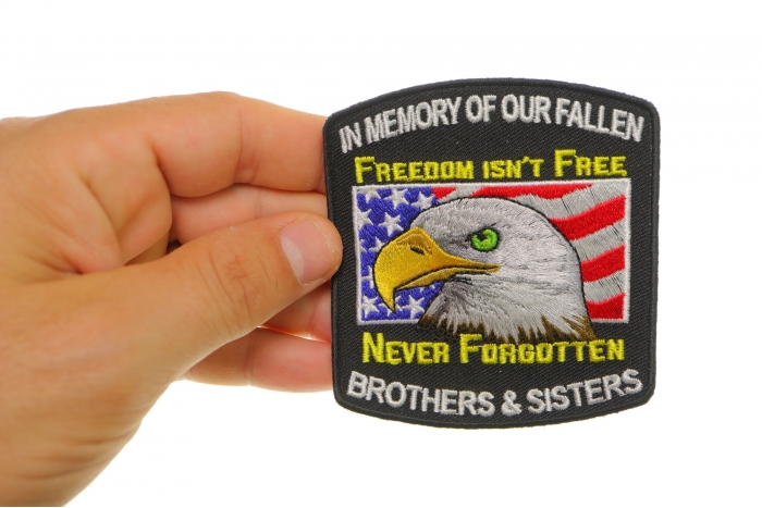 In Memory of Our Fallen Patch, Small Embroidered Iron on Patches shown on hand for size comparison
