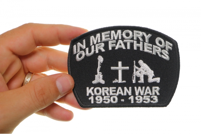 In Memory Of Our Fathers Korean War Patriotic Iron on Patch shown on hand for size comparison