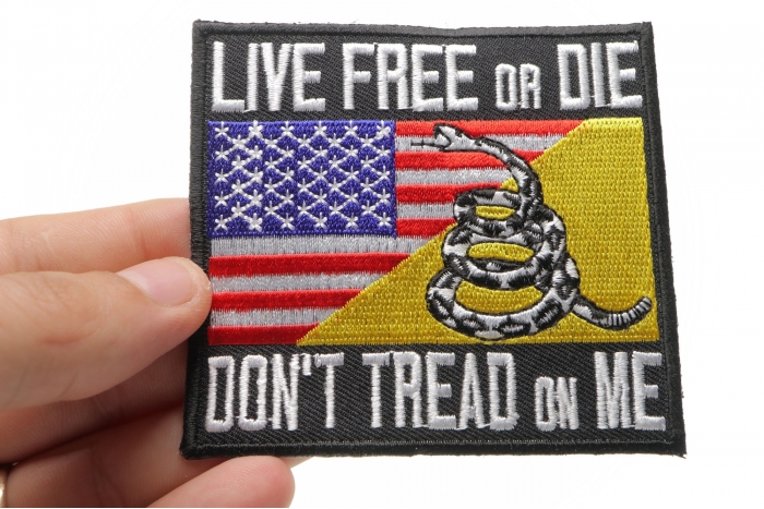 Live Free or Die Don't Tread On Me Gadsden American Flag Patriotic Iron on Patch shown on hand for size comparison