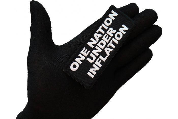One Nation Under Inflation Patch, Funny Saying Patches, Sew or Iron on Patch shown on hand for size comparison