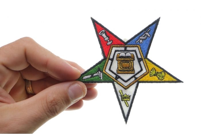 Eastern Star Mason Patriotic Iron on Patch shown on hand for size comparison