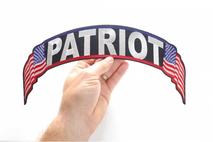 Patriot Patch, US Flag Large Rocker Patch shown on hand for size comparison