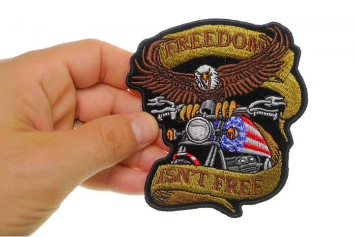 Motorcycle Eagle Patch, Small Embroidered Sew on Patches for Leather Biker Vests shown on hand for size comparison