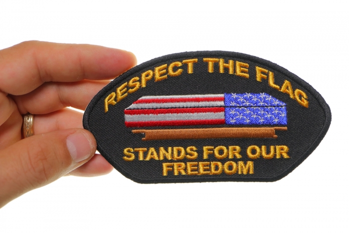 Respect Our Flag Patriotic Iron on  Cap Patch shown on hand for size comparison