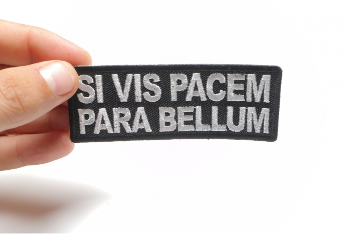 Si Vis Pacem Para Bellum Patch, Military Saying Patches shown on hand for size comparison