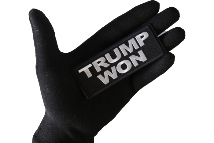 Trump Won Patch, Patriotic Saying Patches shown on hand for size comparison