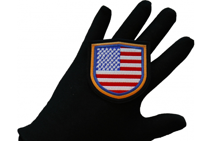 USA Shield Patch, Flag Patches shown on hand for size comparison