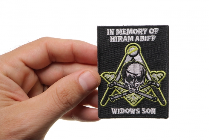 In Memory of Hiram Abiff Widows Son Masonic Patch, Skull Patches shown on hand for size comparison