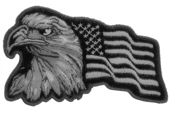 Eagle With Waving Flag Black Silver Patriotic Iron on Patch