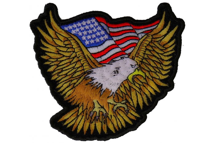 Gold Eagle Patriotic Iron on Patch With US Flag Small