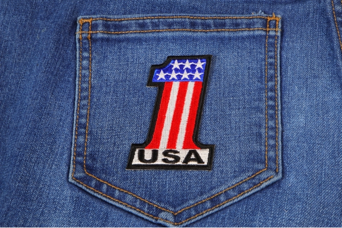 1 USA Patriotic Iron on Patch shown on jeans