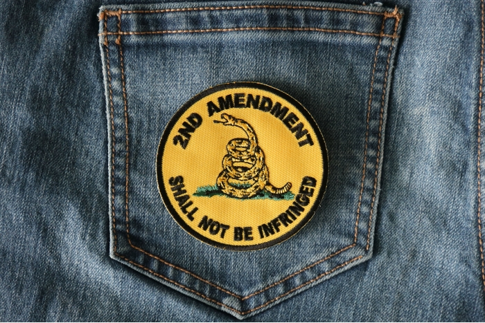 2nd Amendment Shall Not Be Infringed Round Patch shown on jeans