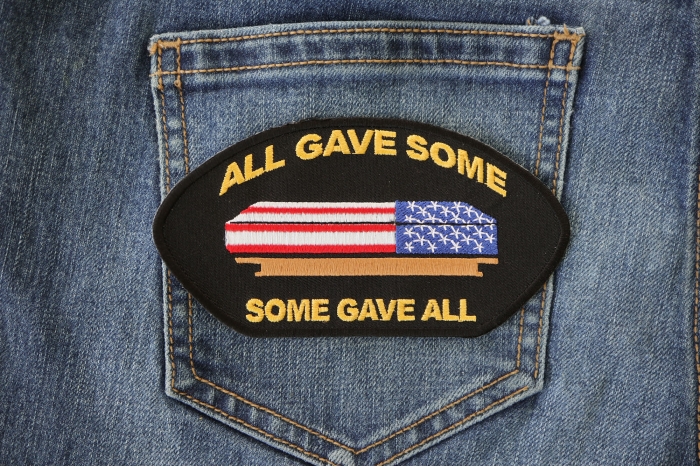All Gave Some Gave All Casket Cap Patch shown on jeans