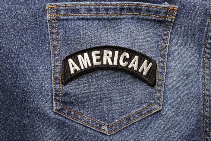 American Rocker Patriotic Iron on Patch shown on jeans