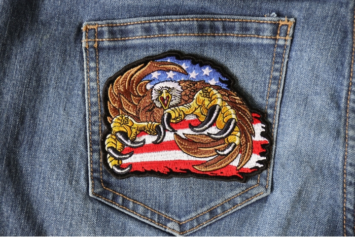 Eagle Patch with giant Talons and American Flag shown on jeans