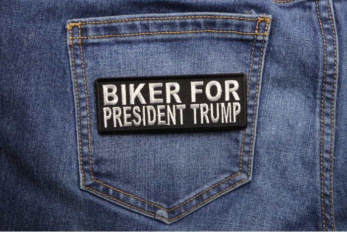 Biker For President Trump Patch shown on jeans