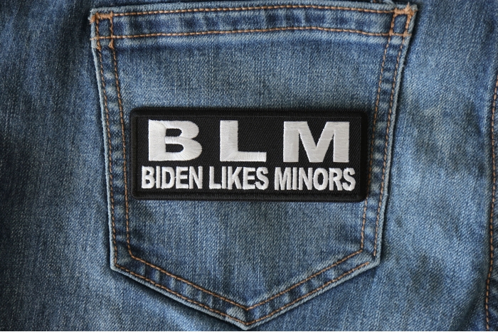 BLM Biden Likes Minors Patch shown on jeans