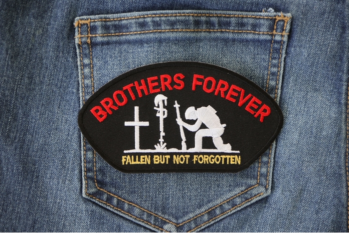 Brothers Forever Patriotic Iron on Patch shown on jeans