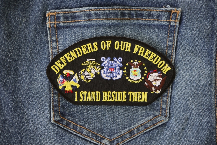 Cap Defenders Of Our Freedom I Stand Beside Them Patriotic Iron on Patch shown on jeans